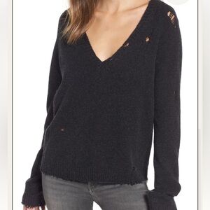 Rails Womens Tristan Charcoal Gray V-Neck Sweater Distressed Size L Wool Blend